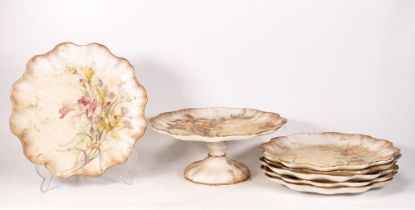 A collection of Doulton Burslem Floral Decorated Spanish Ware Desert Plates & Comport with ruffled