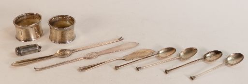 A collection of hallmarked Silver items including spoons, serviette rings, etc, 160g