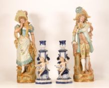 Two Large Parian Continental Figures together with 2 similar candlesticks, tallest 37cm(4)