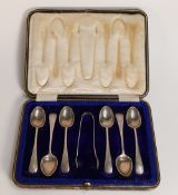 Boxed Set of cutlery, spoons 7 tongues, hallmarked for Sheffield 1904,128g.
