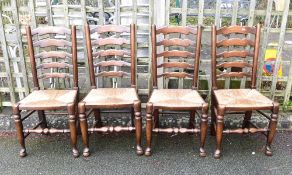 Set of 4 x high quality reproduction rush seated dining chairs. 101cm high, height to seat 46cm.