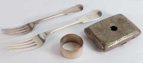 Hallmarked silver items, 2 x forks, napkin ring and cigarette case (a/f). Gross weight 192g.