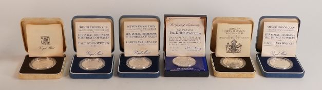 5 x silver UK silver crowns with boxes & certificates, plus 1974 $10 Barbados silver proof coin, box