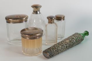 Five x silver topped larger size antique cut glass jars, and one long and unusual green glass silver