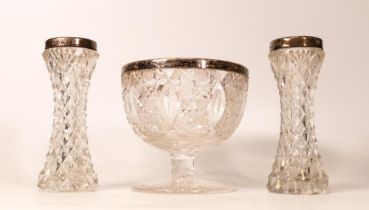 Three Antique Silver Topped Cut Glass Vases, height of tallest 11.5cm(3)