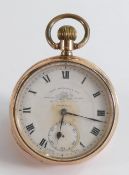 9ct gold gents pocket watch by Thomas Russell, case badly damaged, inner and outer covers both fully
