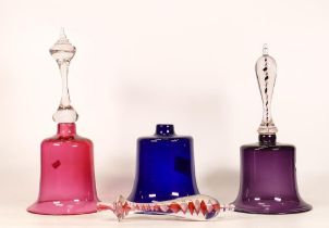 Three Cranberry & Similar Hand Blown Glass Bells , tallest 26cm(3)