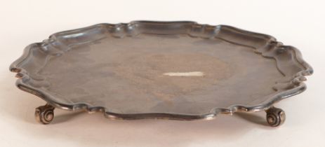 Silver salver, heavily tarnished and with engraved inscription, weight 362g.