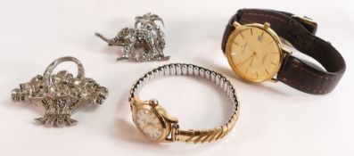 Ladies marcasite floral basket brooch and elephant brooch, gents Louis Arden quartz wristwatch etc
