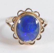 9ct gold ladies dress ring set with oval cloudy blue stone, size K, 3.3g.