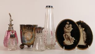 Small group including silver rimmed vase trimmed in pink, 2 x silver topped scent bottles, pink