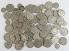 Large group of pre 1946 UK 50% / .500 silver coinage of various denominations. Weight 890g.