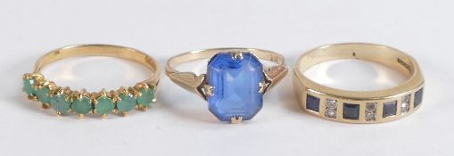 Three 9ct gold ladies dress rings, each with various coloured stones, 6.6g. (3)