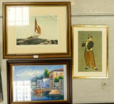 Three Framed Artworks to include Signed Print Running Free by Winston Megoran, Continental Boat