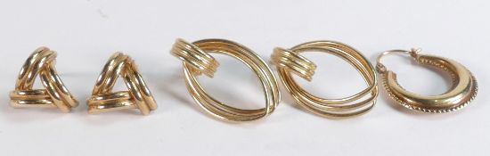 Two pairs of 9ct gold earrings and an odd 9ct earring, 6.9g.