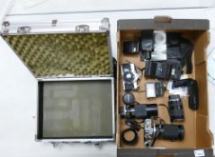 A collection of vintage Camera Equipment to include Olympus OM-1n & OM-2 bodies, Clubamn 28-135mm