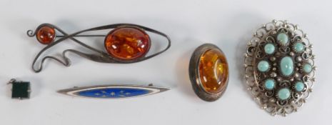 Large silver and turquoise overseas made brooch, 2 x silver and faux amber brooches, silver & enamel