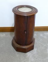 Mahogany circular pot cupboard with marble top, 72 cm high.