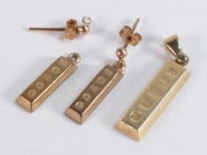9ct gold ingot pendant together with a matching pair of ingot earrings, 5.9g. (3)
