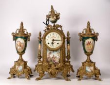 Franz Hermle Lancini, Late 20th Century Clock Garniture with Ceramic Panelling and flanking