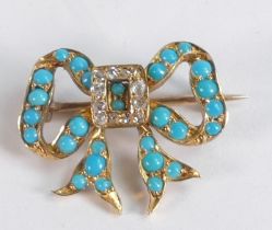 Yellow metal bow tie brooch, tests for 15ct of higher, set with diamond & turquoise stones, 3.2g.