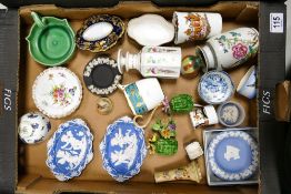 A mixed collection of items to include relief decorated pottery, Wedgwood jasperware, Coalport