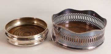 Two hallmarked silver & hardwood bottle coasters, both with clear 20th century hallmarks, 14cm &