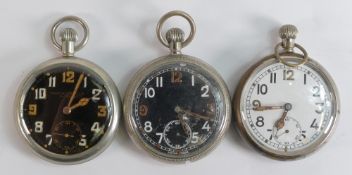 3 x military keyless pocket watches - Carley & Clemence Ltd, A 7077 winds and ticks, together with 2