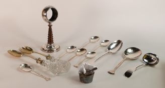 Small box of silver & silver plated items, includes hallmarked silver & wooden desk clock stand,