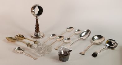 Small box of silver & silver plated items, includes hallmarked silver & wooden desk clock stand,