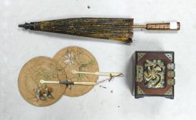 A collection of Vintage Oriental Items to include fans, parasol & Lacquered Box ( Missing Handle)