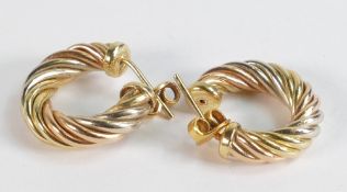 Pair quality 14ct gold two-coloured twisty earrings, 6.5g.