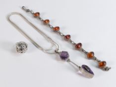 Silver pendant & necklace set with purple stones, silver pierced round pendant and silver bracelet