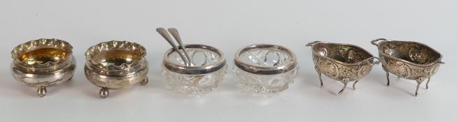 Three pairs of hallmarked silver salts - Earlier 20th century -two pairs are all solid silver, the