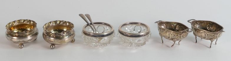 Three pairs of hallmarked silver salts - Earlier 20th century -two pairs are all solid silver, the