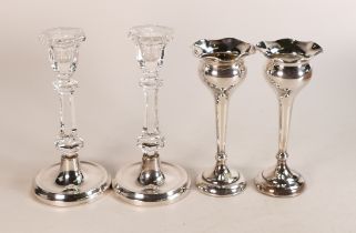 Pair silver vases (15cm), and pair silver & glass candlesticks (16.5cm), all loaded bases (4)