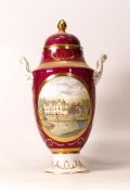 Coalport porcelain twin handled vase and cover with circular scene `Sandringham The Seat of H.R.H.
