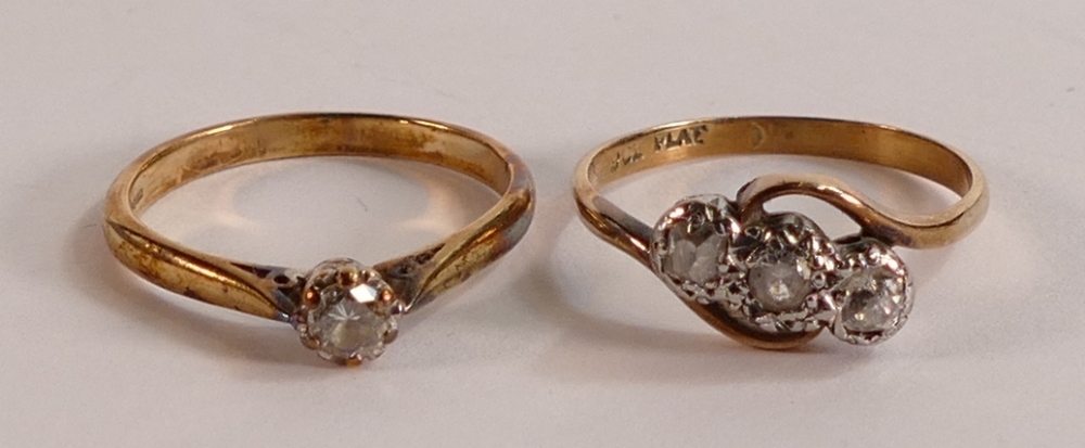 9ct gold diamond solitaire ring, together with 9ct 3 stone ring set 3 poor quality white stones, - Image 2 of 6