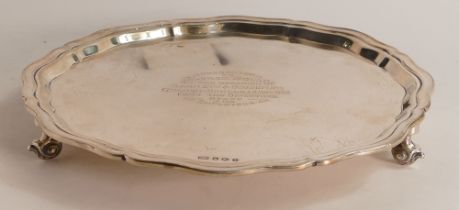 Silver salver with 20th century hallmarks, engraved dedication to front, 472g.