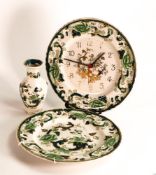 Masons Chartreuse patterned items to include Wall Clock, Wall Plate & Vase, diameter of largest