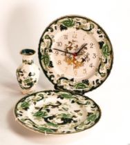 Masons Chartreuse patterned items to include Wall Clock, Wall Plate & Vase, diameter of largest