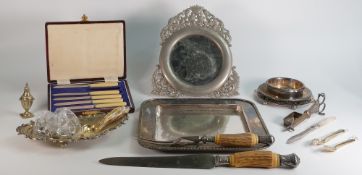 Collection of silver plated items including dishes, frame, tray, butter knife, snuffer scissors etc.