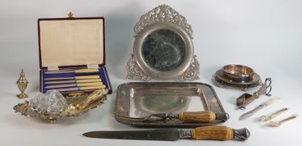 Collection of silver plated items including dishes, frame, tray, butter knife, snuffer scissors etc.