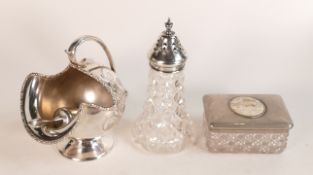 Silver topped cut glass sugar sifter and silver plated coal scuttle etc (3)