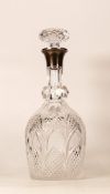 Quality Crystal cut glass decanter & stopper with hallmarked Silver collar, h.29.5cm.
