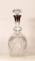 Quality Crystal cut glass decanter & stopper with hallmarked Silver collar, h.29.5cm.