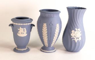 Three Wedgwood Decorative Blue Jasperware Vases, height of tallest 21cm(3)