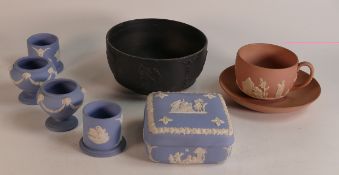 A collection of Multi Coloured Wedgwood including Pink Cup & Saucer Set, Black Basalt bowl, Blue