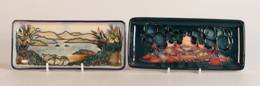 Two Moorcroft rectangle trays in the Islay and Mamoura design. Both boxed