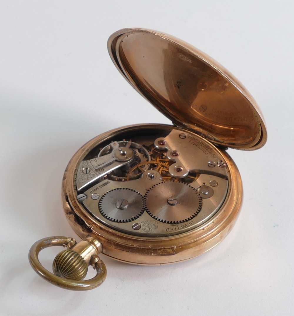 9ct gold gents pocket watch by Thomas Russell, case badly damaged, inner and outer covers both fully - Image 2 of 2
